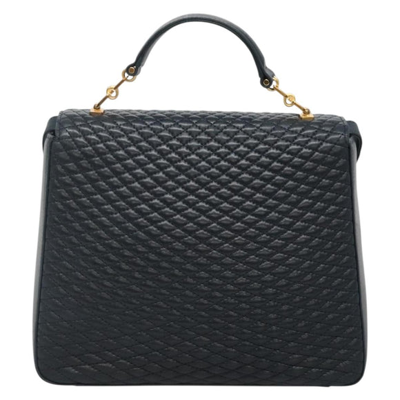 BALLY Hand Bag Leather 2way Navy Gold Auth BA4873