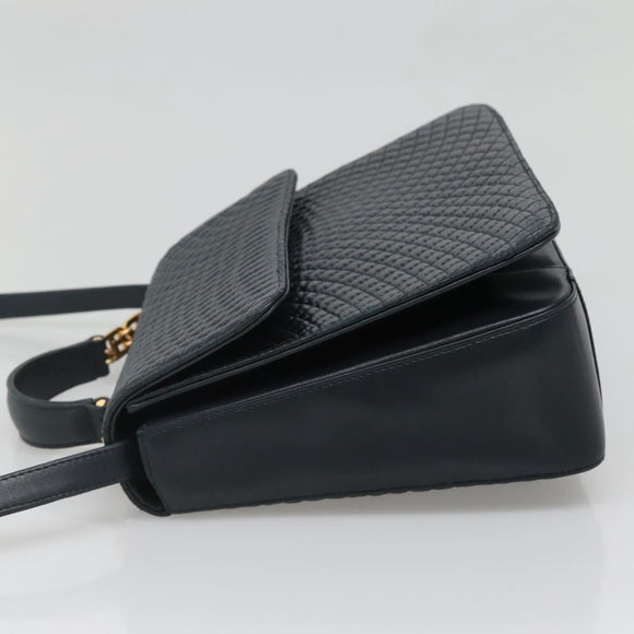 BALLY Hand Bag Leather 2way Navy Gold Auth BA4873