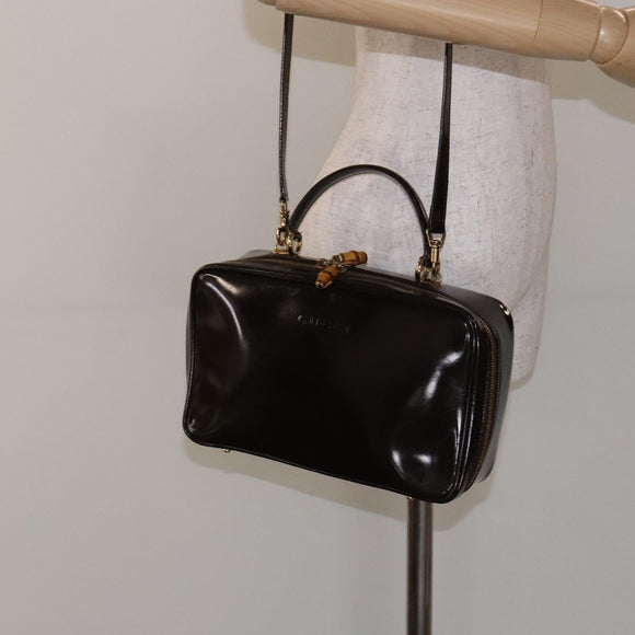 GUCCI Bamboo Vanity Hand Bag Enamel 2way Black Gold 000 2853 0565 0 Auth BA4925