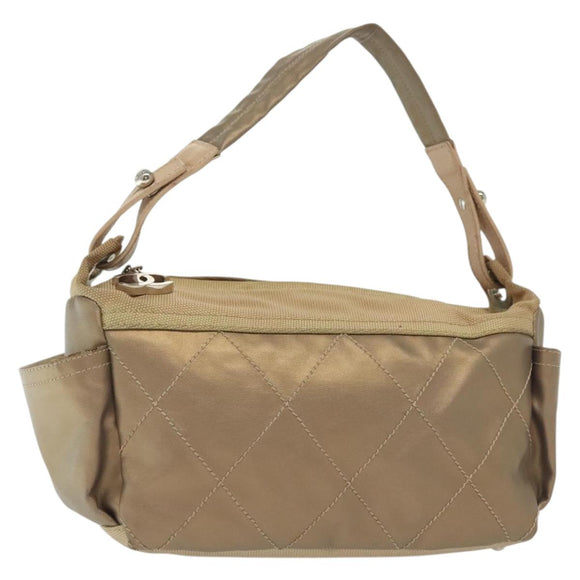 CHANEL Paris Biarritz Shoulder Bag Coated Canvas Beige Silver CC Auth BA4942