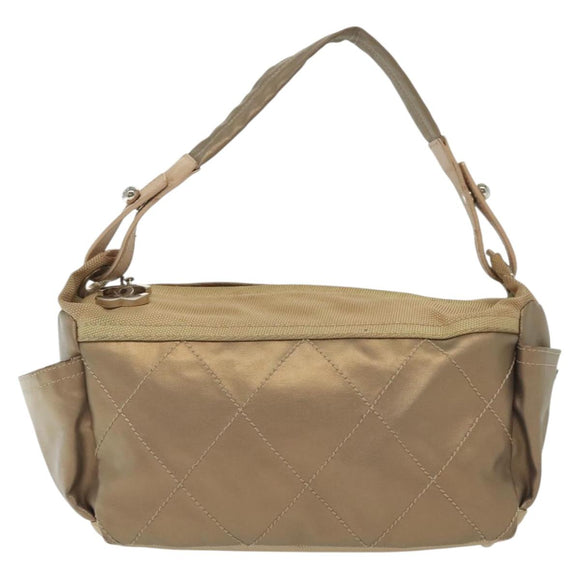 CHANEL Paris Biarritz Shoulder Bag Coated Canvas Beige Silver CC Auth BA4942