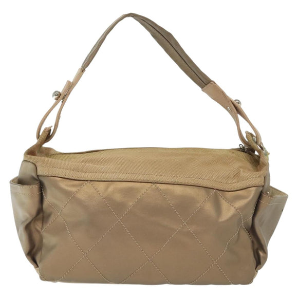 CHANEL Paris Biarritz Shoulder Bag Coated Canvas Beige Silver CC Auth BA4942