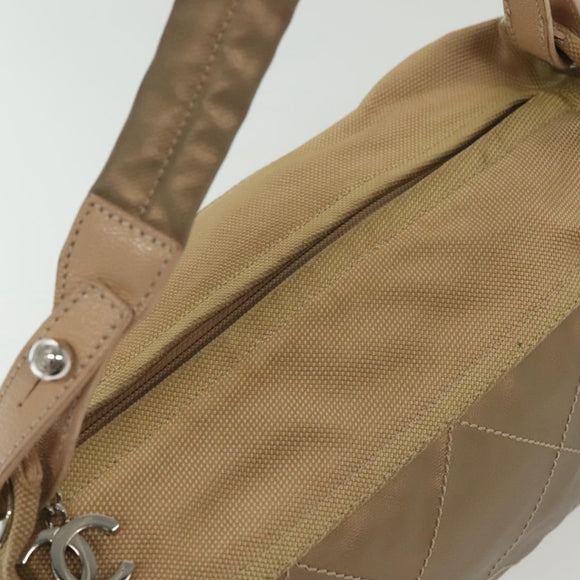 CHANEL Paris Biarritz Shoulder Bag Coated Canvas Beige Silver CC Auth BA4942