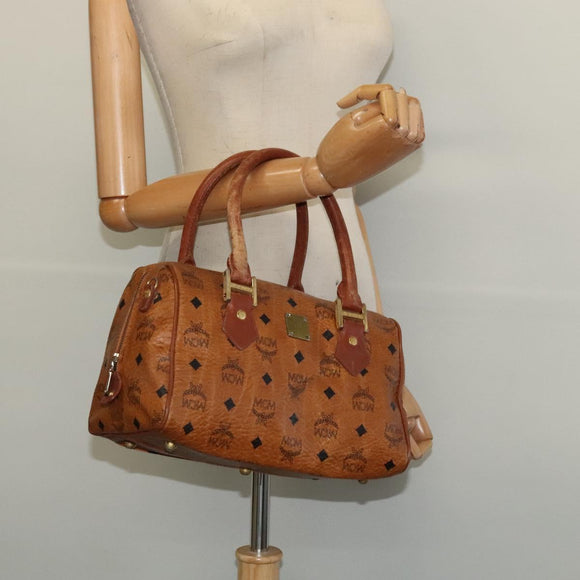 MCM Logogram Vicetos Boston Bag PVC Leather Brown Gold Auth BA4949