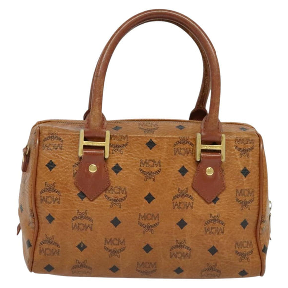 MCM Logogram Vicetos Boston Bag PVC Leather Brown Gold Auth BA4949