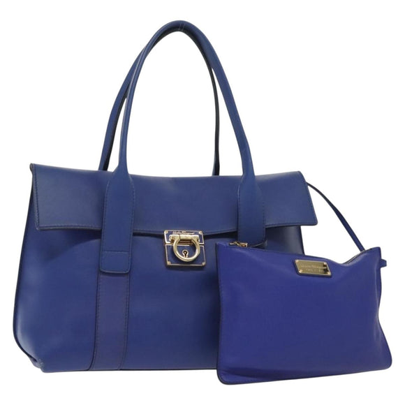Salvatore Ferragamo Gancini Schultertasche Leder Blau Gold Auth BA4955
