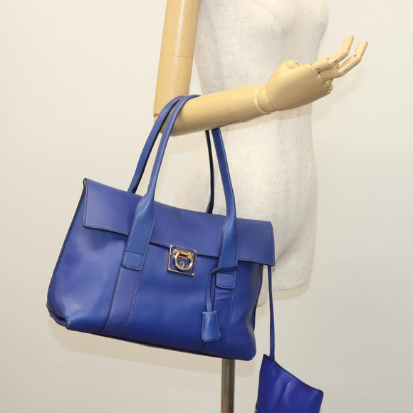 Salvatore Ferragamo Gancini Schultertasche Leder Blau Gold Auth BA4955