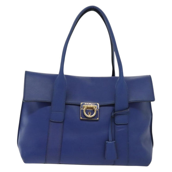 Salvatore Ferragamo Gancini Schultertasche Leder Blau Gold Auth BA4955