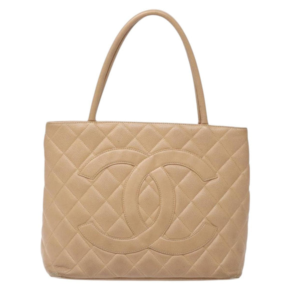 CHANEL Matelasse Reprint Tote Bag Caviar Skin Beige Gold CC Auth BA4956