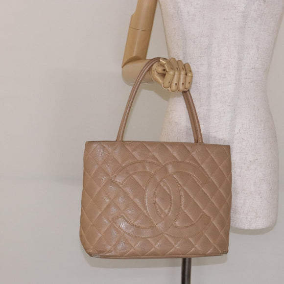CHANEL Matelasse Reprint Tote Bag Caviar Skin Beige Gold CC Auth BA4956