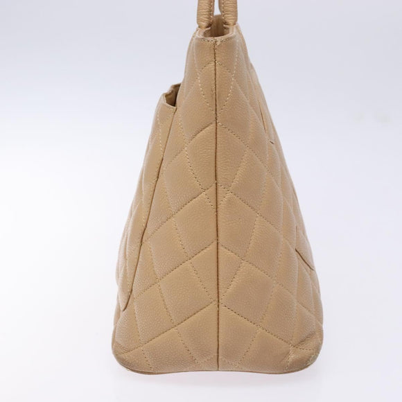CHANEL Matelasse Reprint Tote Bag Caviar Skin Beige Gold CC Auth BA4956