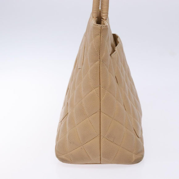 CHANEL Matelasse Reprint Tote Bag Caviar Skin Beige Gold CC Auth BA4956