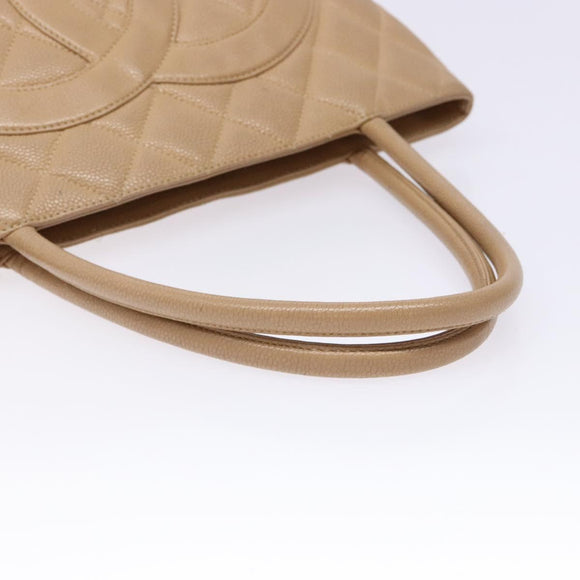 CHANEL Matelasse Reprint Tote Bag Caviar Skin Beige Gold CC Auth BA4956
