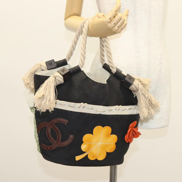 CHANEL Rope Hand Bag Canvas Black CC Auth BA4957