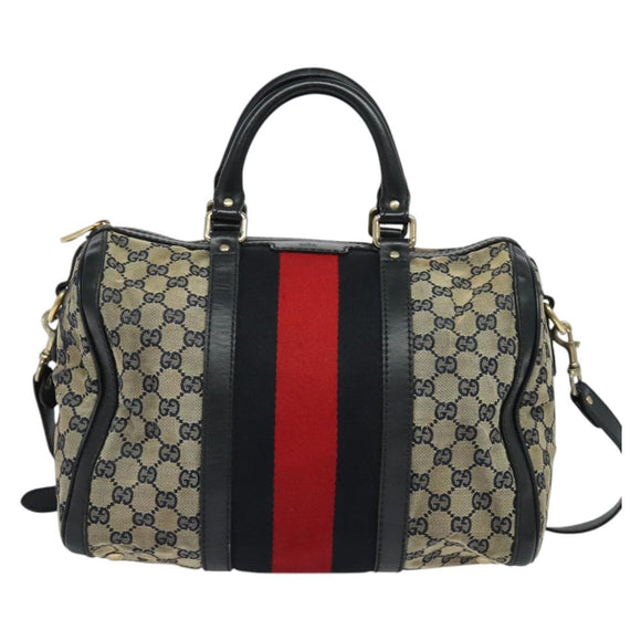 GUCCI GG Canvas Sherry Line Boston Bag Navy Gold 247205 Auth BA4968