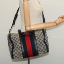 GUCCI GG Canvas Sherry Line Boston Bag Navy Gold 247205 Auth BA4968-23