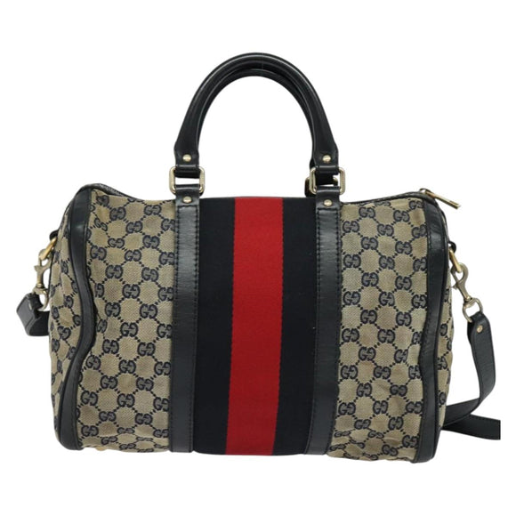 GUCCI GG Canvas Sherry Line Boston Bag Navy Gold 247205 Auth BA4968