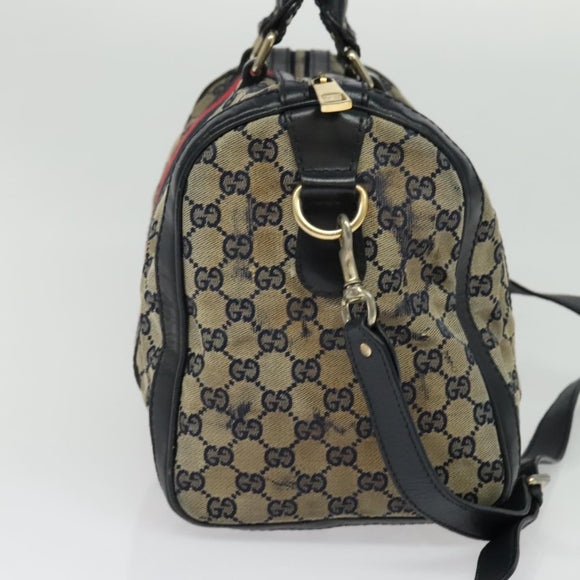 GUCCI GG Canvas Sherry Line Boston Bag Navy Gold 247205 Auth BA4968