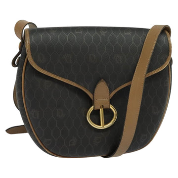 Christian Dior Honeycomb Canvas Shoulder Bag PVC Leather Black Brown Auth BA497