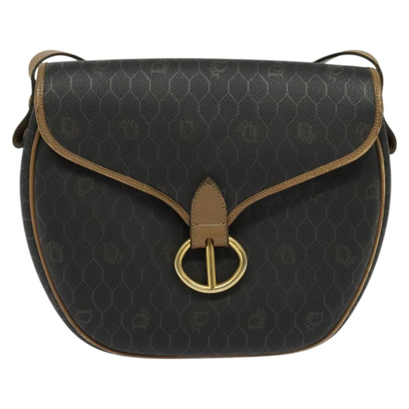 Christian Dior Honeycomb Canvas Shoulder Bag PVC Leather Black Brown Auth BA497