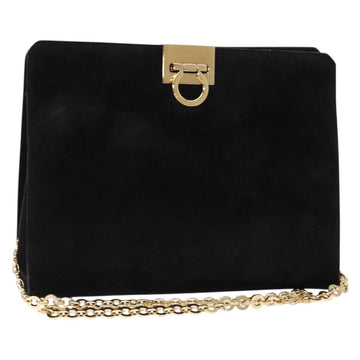Salvatore Ferragamo Gancini Chain Shoulder Bag Suede Black Gold Auth BA5012
