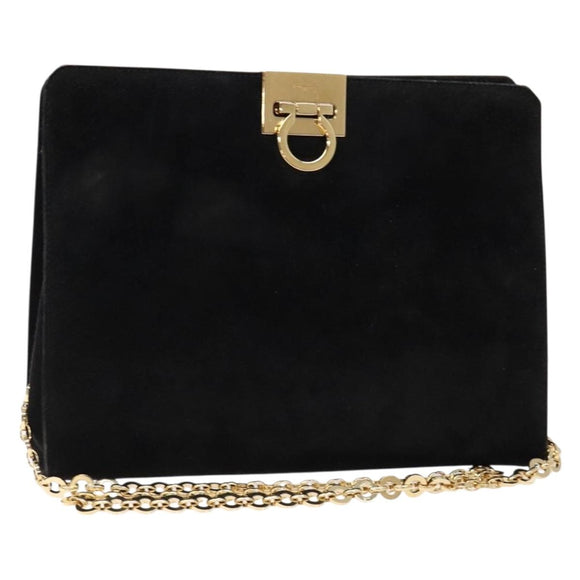 Salvatore Ferragamo Gancini Chain Shoulder Bag Suede Black Gold Auth BA5012