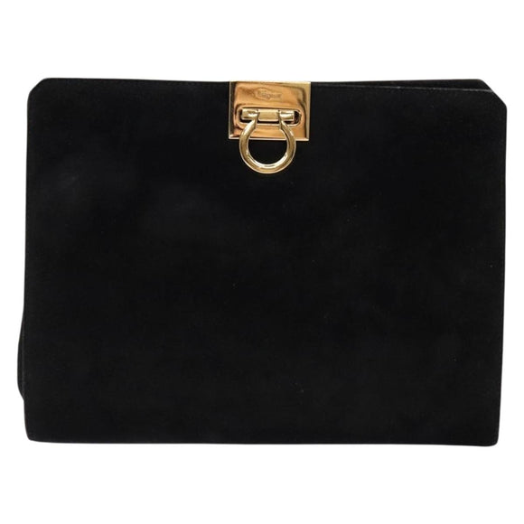 Salvatore Ferragamo Gancini Chain Shoulder Bag Suede Black Gold Auth BA5012