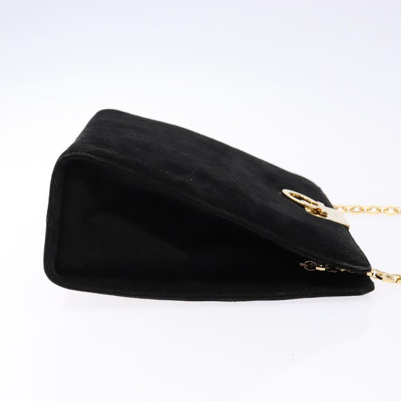 Salvatore Ferragamo Gancini Chain Shoulder Bag Suede Black Gold Auth BA5012