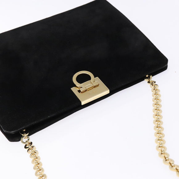 Salvatore Ferragamo Gancini Chain Shoulder Bag Suede Black Gold Auth BA5012