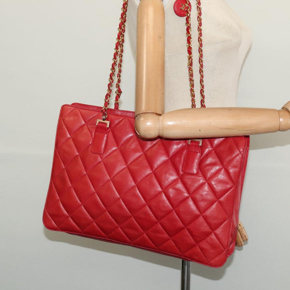CHANEL Matelasse Chain Shoulder Bag Lamb Skin Red Gold CC Auth BA5019