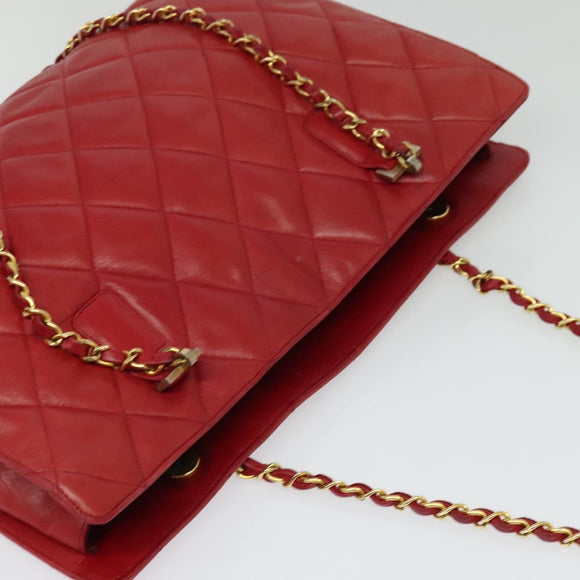 CHANEL Matelasse Chain Shoulder Bag Lamb Skin Red Gold CC Auth BA5019
