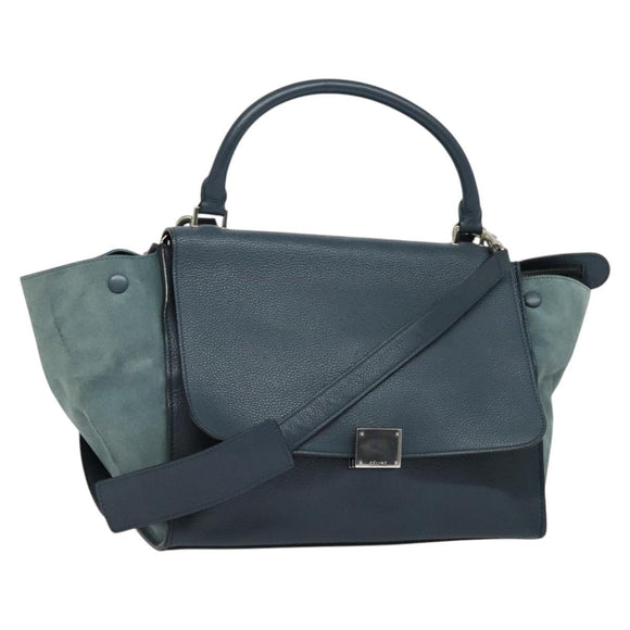 CELINE Trapeze Hand Bag Leather Suede 2way Blue Silver Auth BA5022