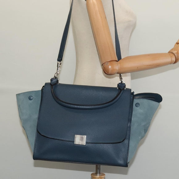 CELINE Trapeze Hand Bag Leather Suede 2way Blue Silver Auth BA5022