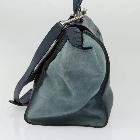 CELINE Trapeze Hand Bag Leather Suede 2way Blue Silver Auth BA5022