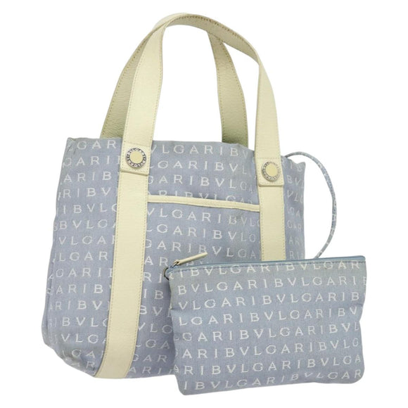 BVLGARI Logo Mania Tote Bag Canvas Light Blue Silver Auth BA5058