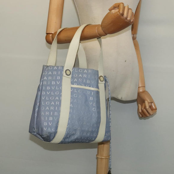 BVLGARI Logo Mania Tote Bag Canvas Light Blue Silver Auth BA5058