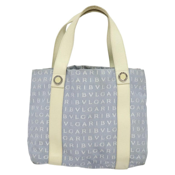 BVLGARI Logo Mania Tote Bag Canvas Light Blue Silver Auth BA5058