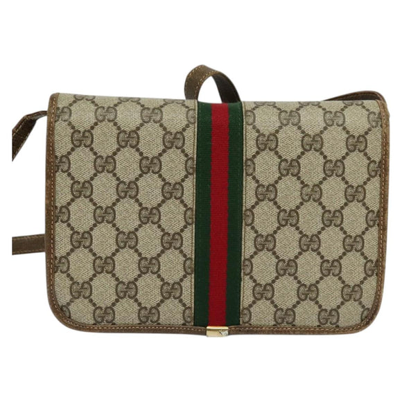 GUCCI GG Supreme Web Sherry Line Shoulder Bag PVC Beige Green Red Auth BA507
