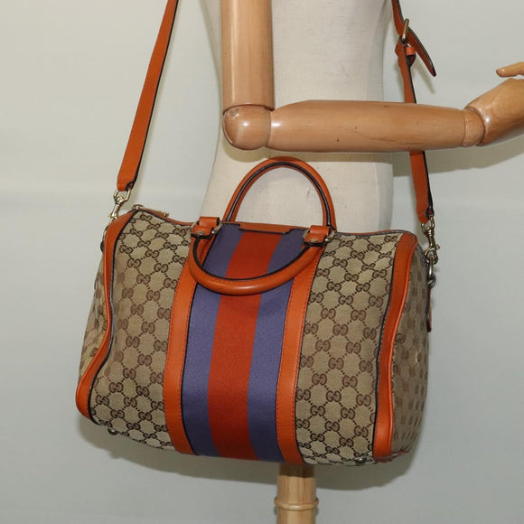 GUCCI GG Supreme Sherry Line Boston Bag 2way Beige Gold 247205 Auth BA5084