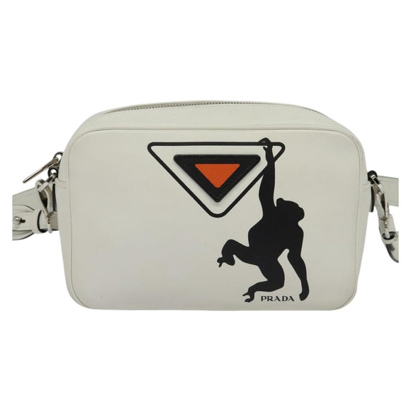 PRADA Shoulder Bag Leather White Silver Auth BA5096