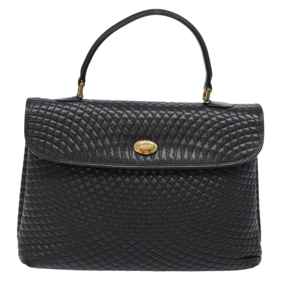 BALLY Quilted Hand Bag Leather Gold Black Auth BA5149