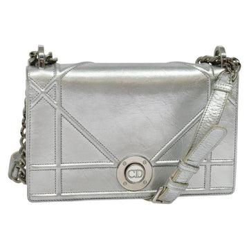 Christian Dior Chain Diorama Shoulder Bag Leather Silver Auth BA5163