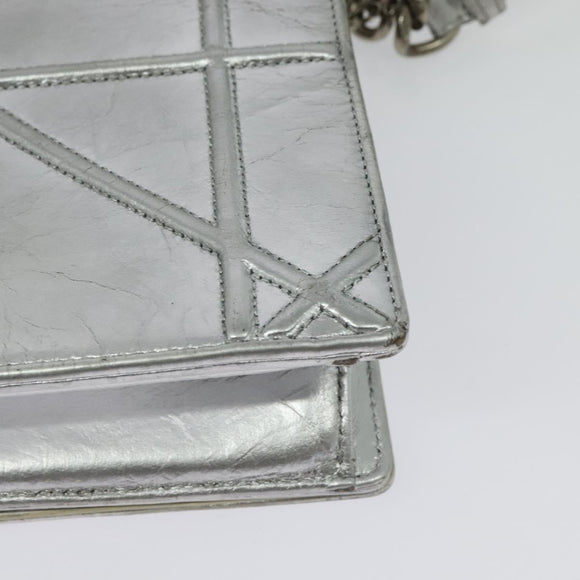 Christian Dior Chain Diorama Shoulder Bag Leather Silver Auth BA5163