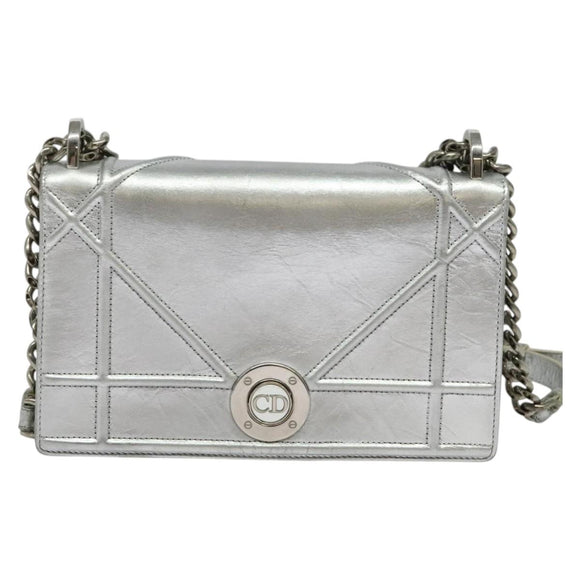 Christian Dior Chain Diorama Shoulder Bag Leather Silver Auth BA5163
