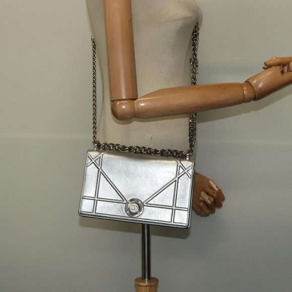 Christian Dior Chain Diorama Shoulder Bag Leather Silver Auth BA5163