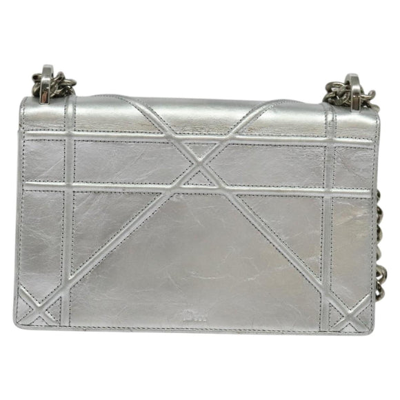 Christian Dior Chain Diorama Shoulder Bag Leather Silver Auth BA5163