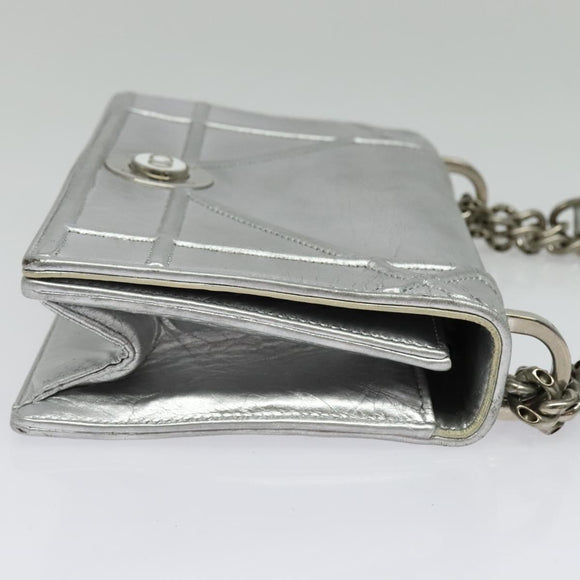 Christian Dior Chain Diorama Shoulder Bag Leather Silver Auth BA5163