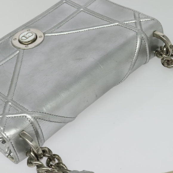 Christian Dior Chain Diorama Shoulder Bag Leather Silver Auth BA5163