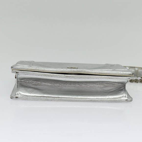 Christian Dior Chain Diorama Shoulder Bag Leather Silver Auth BA5163