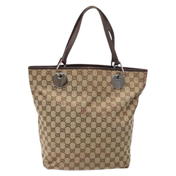GUCCI GG Canvas Tote Bag Beige Silver 120836 Auth BA5201